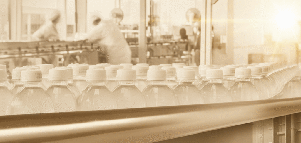 Ligne de production industrielle secteur de l'industrie pharmaceutique avec convoyeur et bouteilles