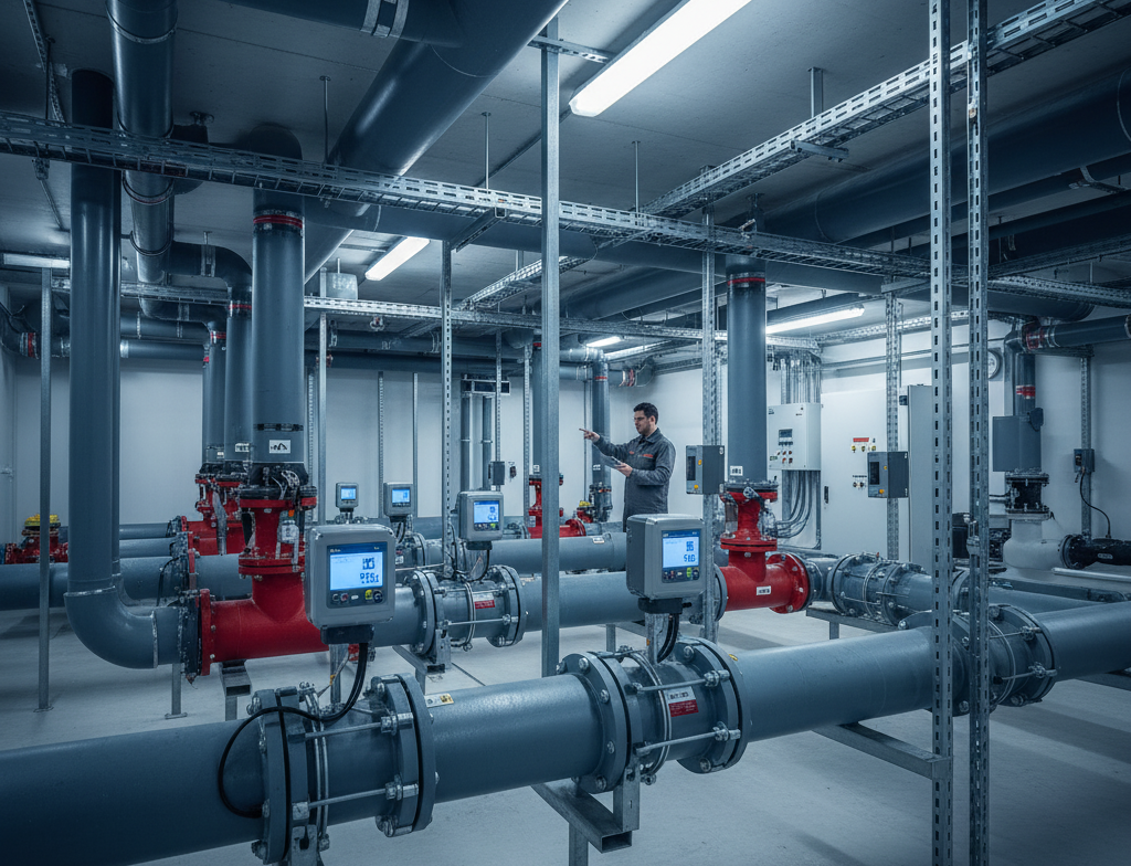 Réseau de canalisations équipé de débitmètres clamp-on avec affichage numérique