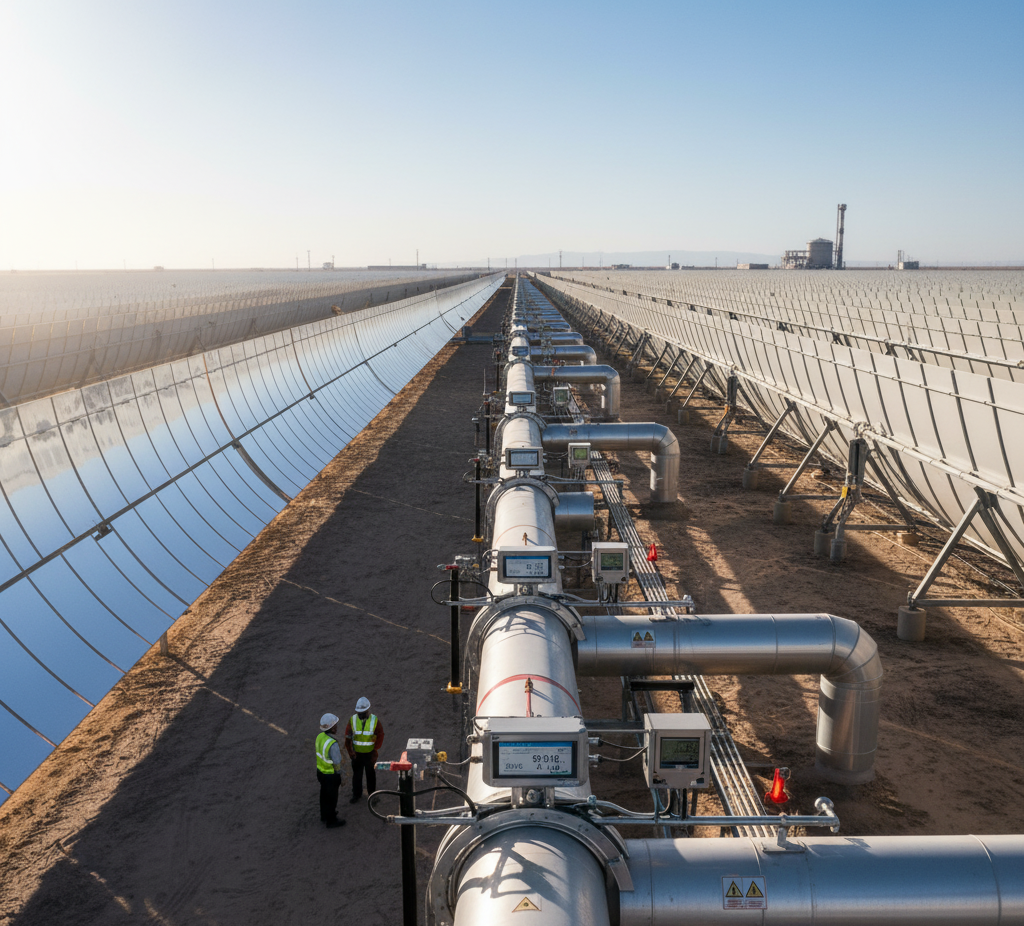 Longues rangées de canalisations et d’infrastructures énergétiques surveillées par des débitmètres clamp-on non intrusifs sur site industriel.