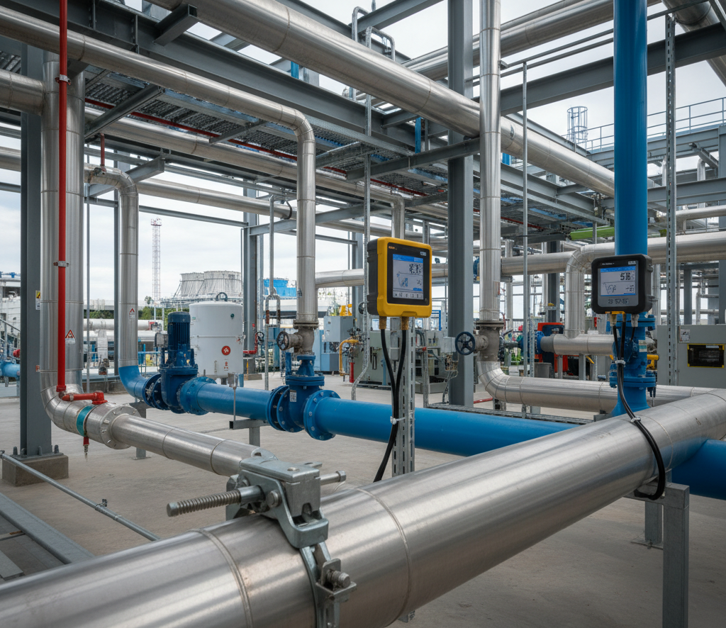 Débitmètre clamp-on monté sur une canalisation bleue dans un atelier industriel lumineux.