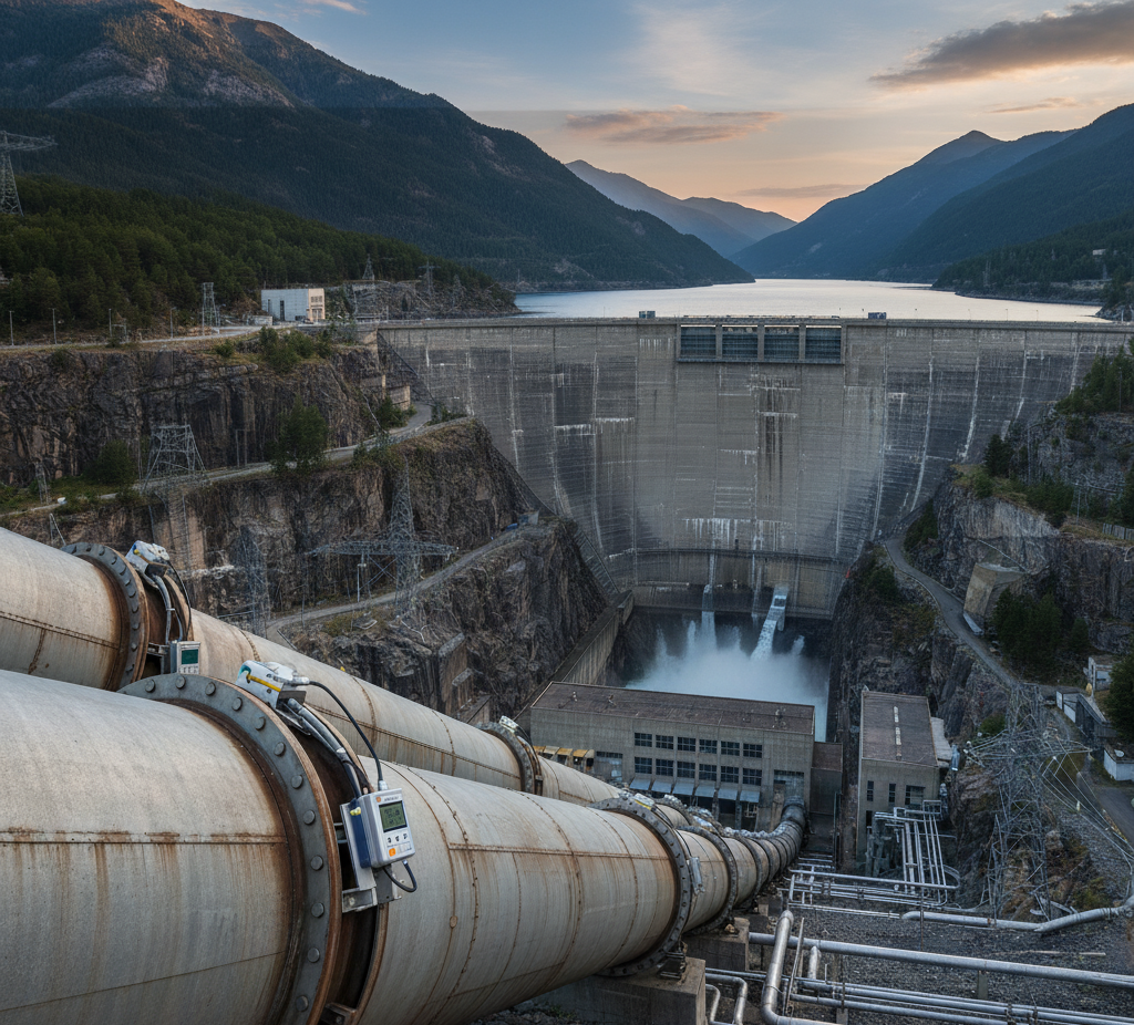 Conduite forcée d’un barrage hydroélectrique en montagne équipée d’un débitmètre clamp-on non intrusif mesurant le débit de l’eau.