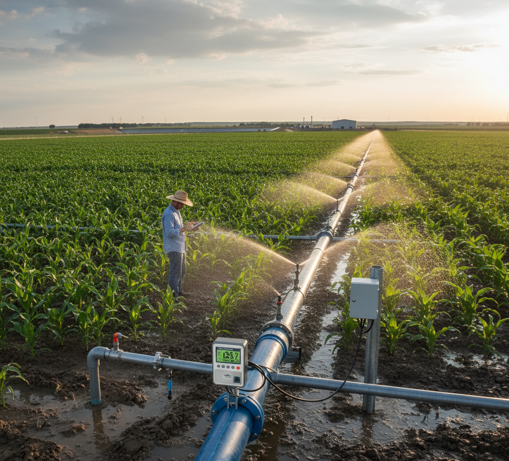 Débitmètre clamp-on non intrusif installé sur une canalisation d’irrigation traversant un champ agricole.