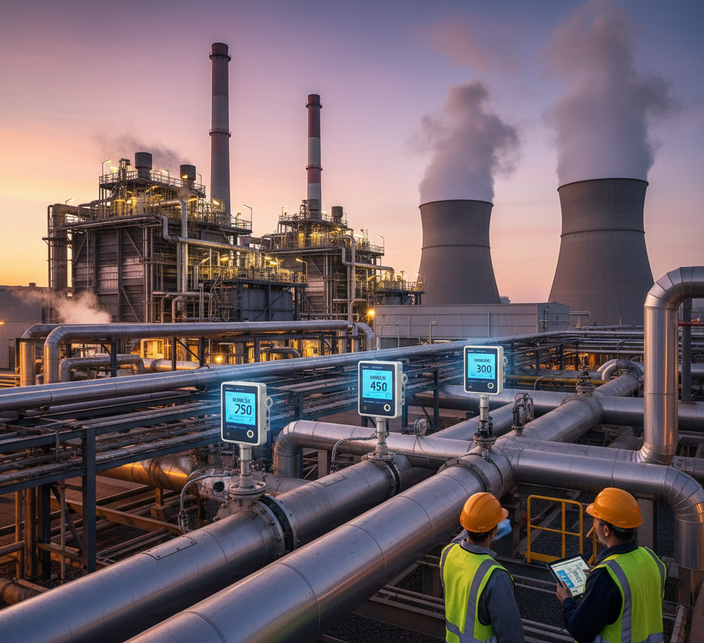 Vue d’une raffinerie au crépuscule avec des opérateurs et plusieurs pipelines équipés de débitmètres clamp-on non intrusifs.