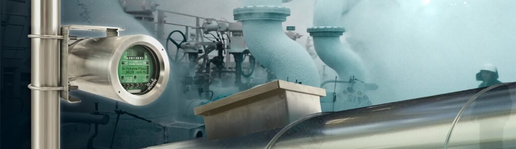 Débitmètre ultrason non intrusif de type clamp-on installé sur une conduite industrielle transportant de la vapeur. L’appareil permet une mesure de débit précise sans perçage ni interruption du process, même en environnement chaud et contraignant.