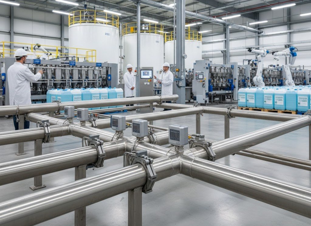 Installation industrielle dense avec plusieurs débitmètres clamp-on fixés sur des canalisations parallèles.