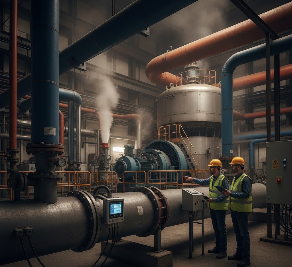 Débitmètre clamp-on installé sur une tuyauterie vapeur dans un environnement industriel chaud avec présence de techniciens.