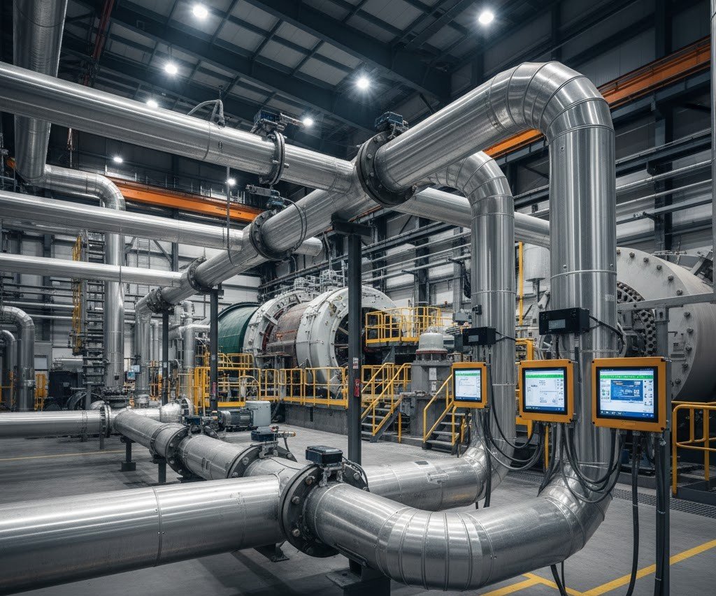 Réseau dense de tuyauteries industrielles en acier équipé de plusieurs débitmètres clamp-on pour la mesure de débit sans perçage.